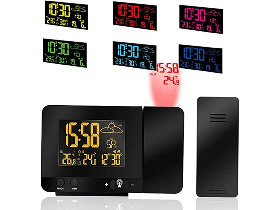 Despertador digital com projeção Brilvibera e visor de temperatura interna e externa.