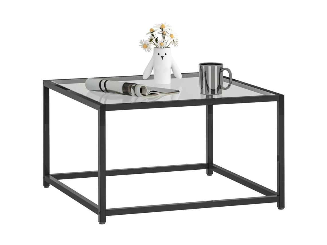 Mesa Lateral/mesa De Cabeceira Quadrada Com Tampo De Vidro Temperado, Mesa De Centro Com Pés De Aço, 68 X 68 X 39 Cm, Preta Sini Tech Store