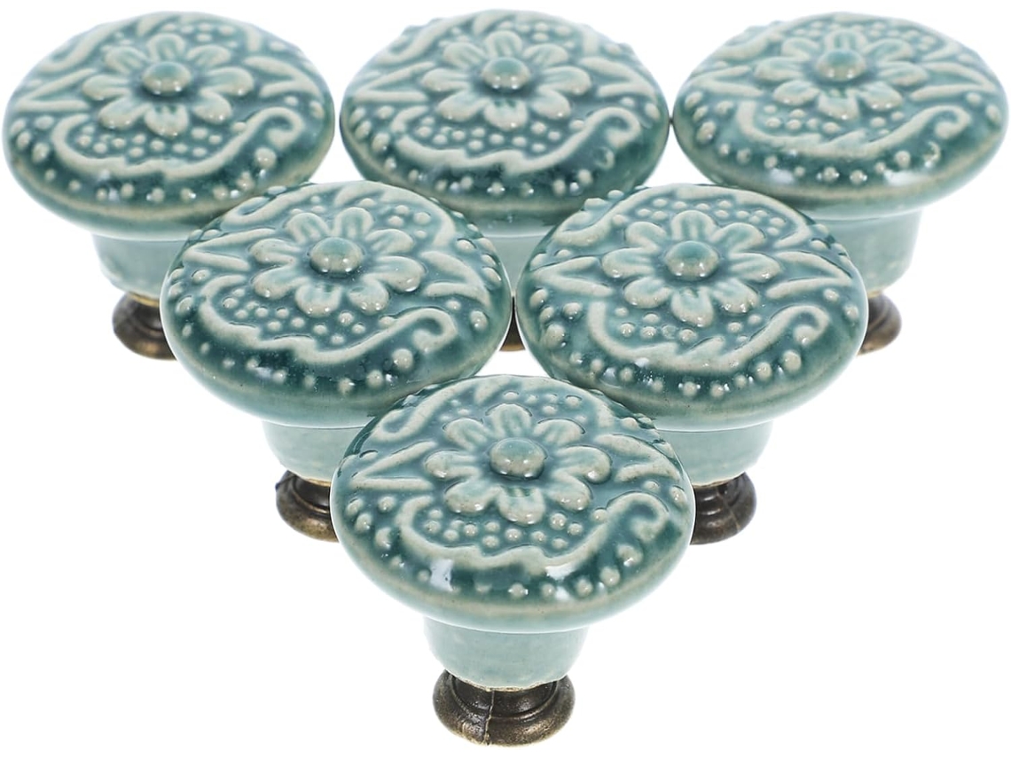 Conjunto De 6 Puxadores Gaveta Vintage Em Cerâmica Com Padrão Antigo Para Portas Armários, Com Um Único Furo