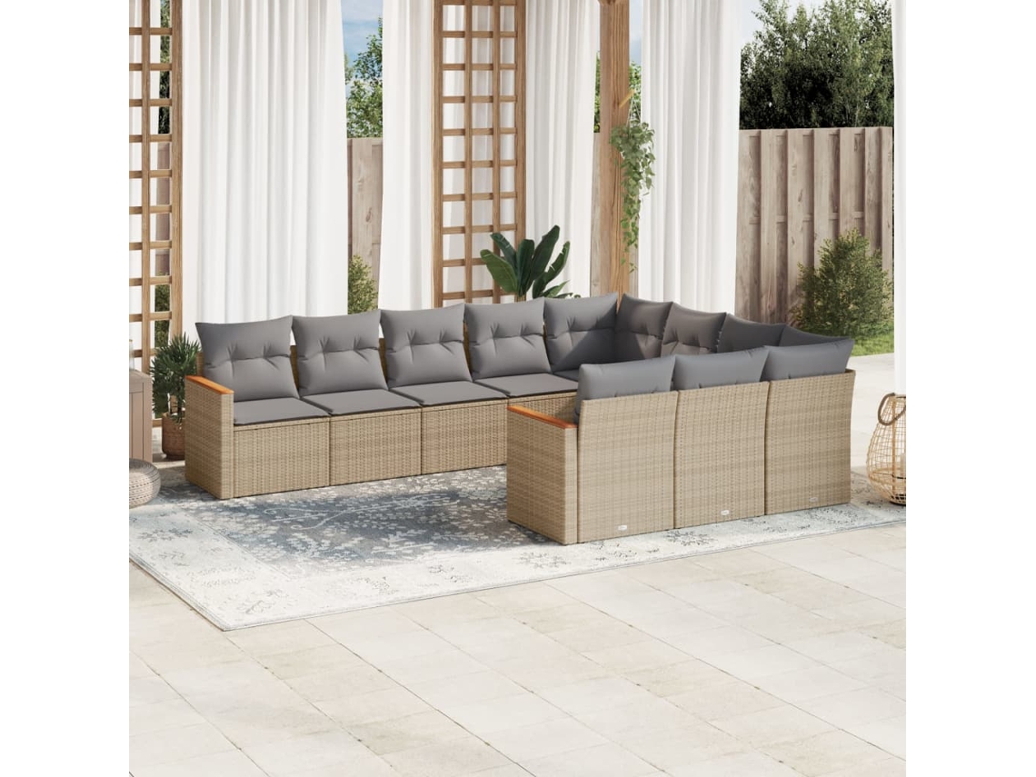 Vidaxl 10 Pcs Conj. Sofás Jardim C/ Almofadões Vime Pe Bege Misturado