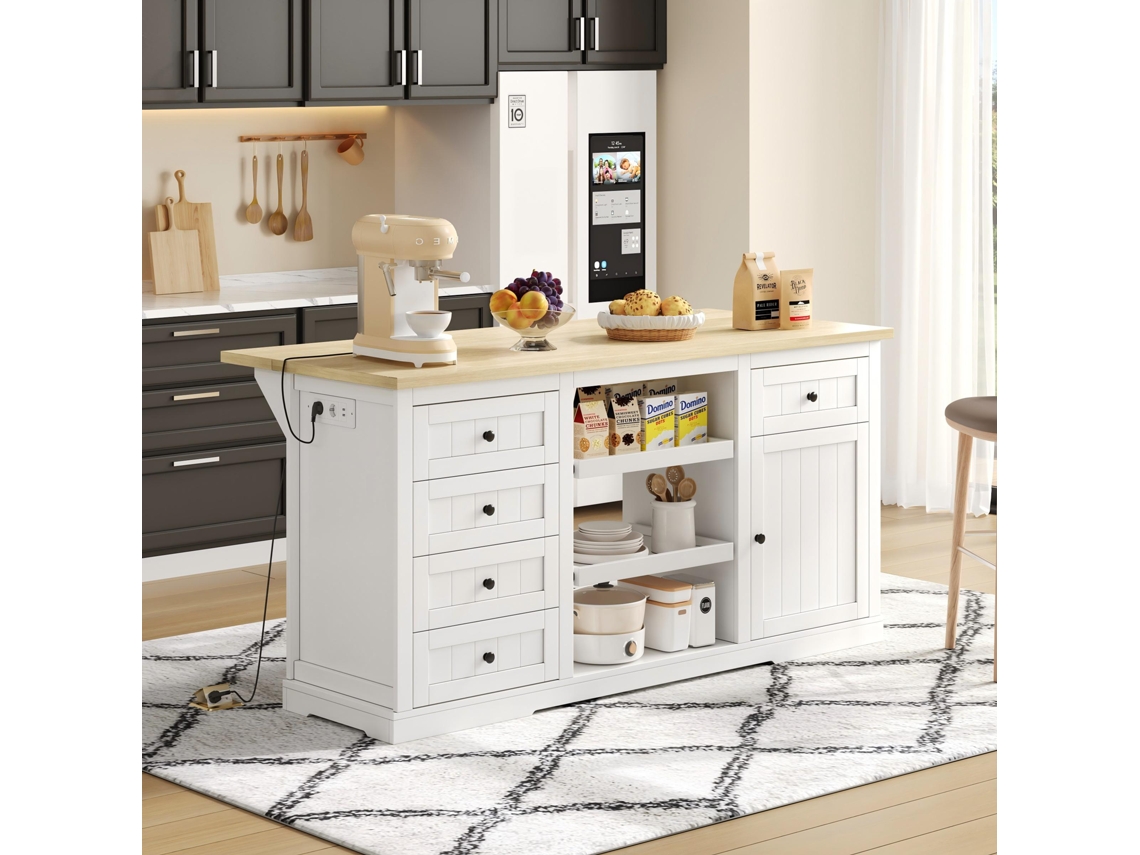 Aparador De Cozinha Com 5 Gavetas,2 Prateleiras Retráteis E Tomadas Integradas,branco,150x65x75cm Para Cozinha E Sala De Jantar