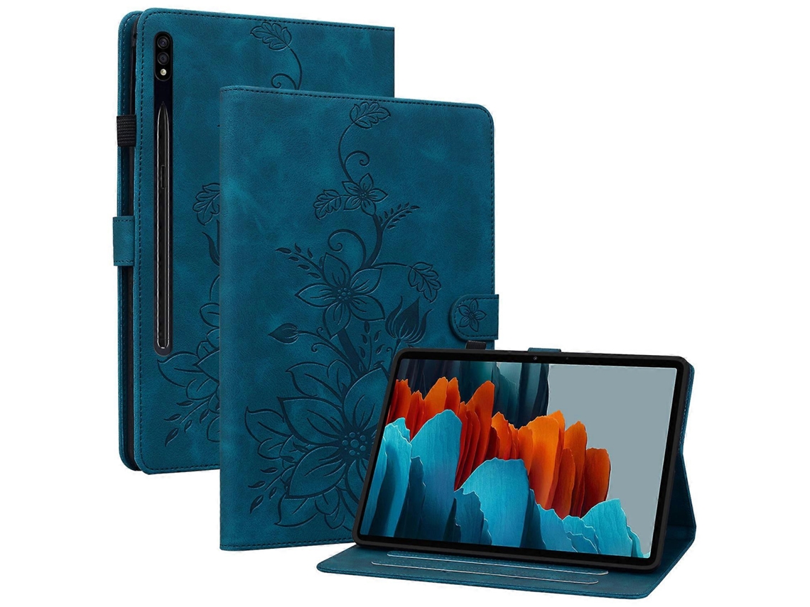 Capa Hengrongshen para Samsung Galaxy Tab S7, S7 Fe e S8 com estampa de lírio e compartimentos para cartões em couro PU azul