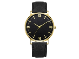 Reloj De Pulsera Mecánico De Cuarzo (correa Negra Caja Dorada Esfera Negra Manecillas Doradas)