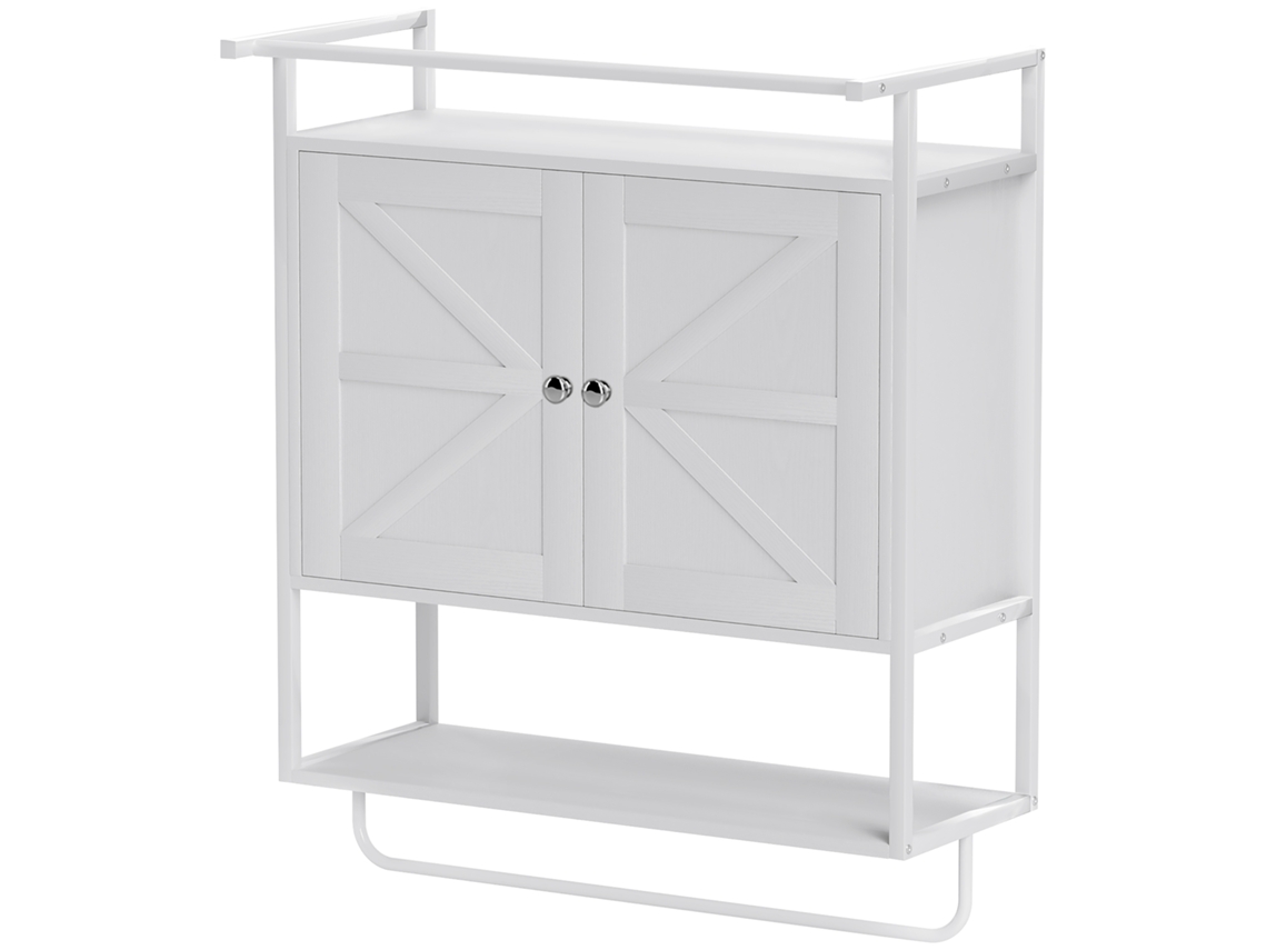 Armário De Parede Para Casa De Banho Multiusos Móvel Suspenso De Armazenamento Com 2 Portas Prateleira E Barra Para Toalhas 63x34x75 Cm Branco