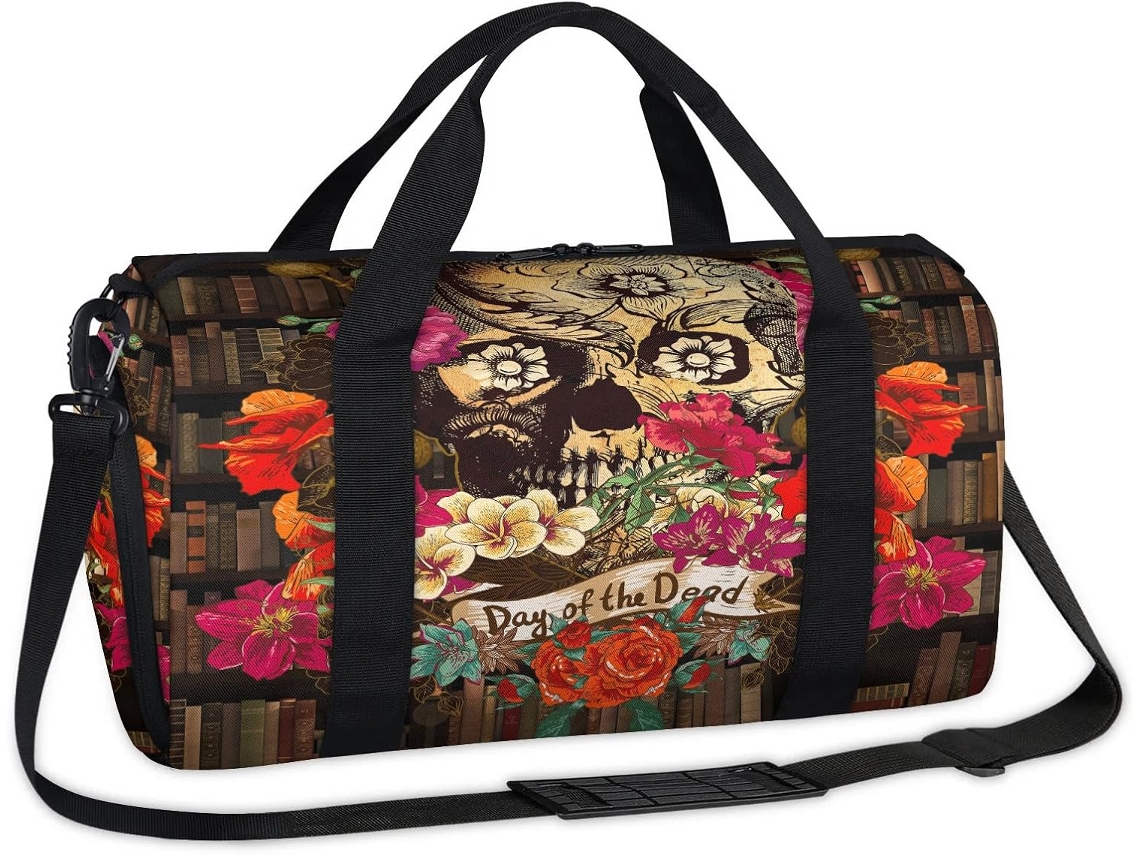 Bolsa Esportiva com Estampa Floral e Caveiras para Crianças (45x21,5x23cm) tecido de poliéster