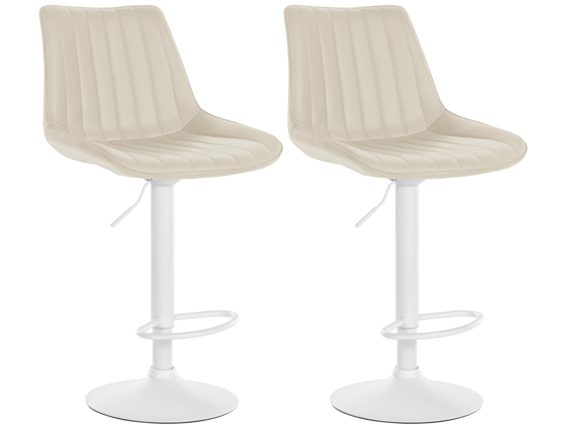 Conjunto de 2 banquetas giratórias 360° com altura ajustável, assento em couro sintético creme com costura vertical, pés de metal branco 10_0006777