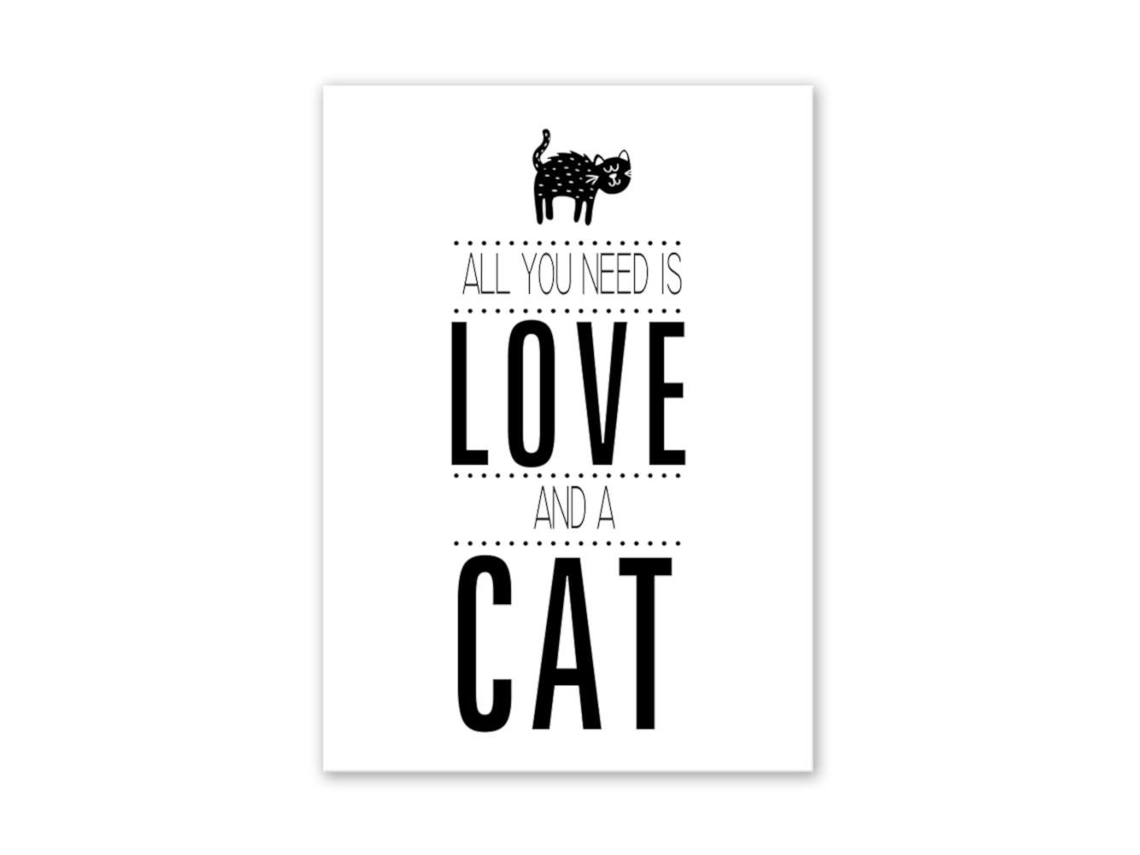 Quadro decorativo de um gato carinhoso, com frases inspiradoras em inglês, adequado para diversos ambientes, como mesas de trabalho e quartos.