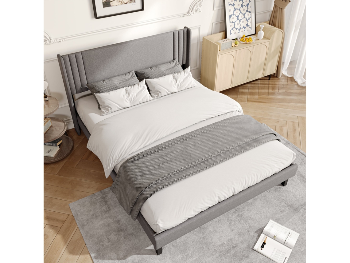 CAMA DE CASAL 160x200cm, estofada em linho, com encosto macio, borda acolchoada, sem colchão, bege