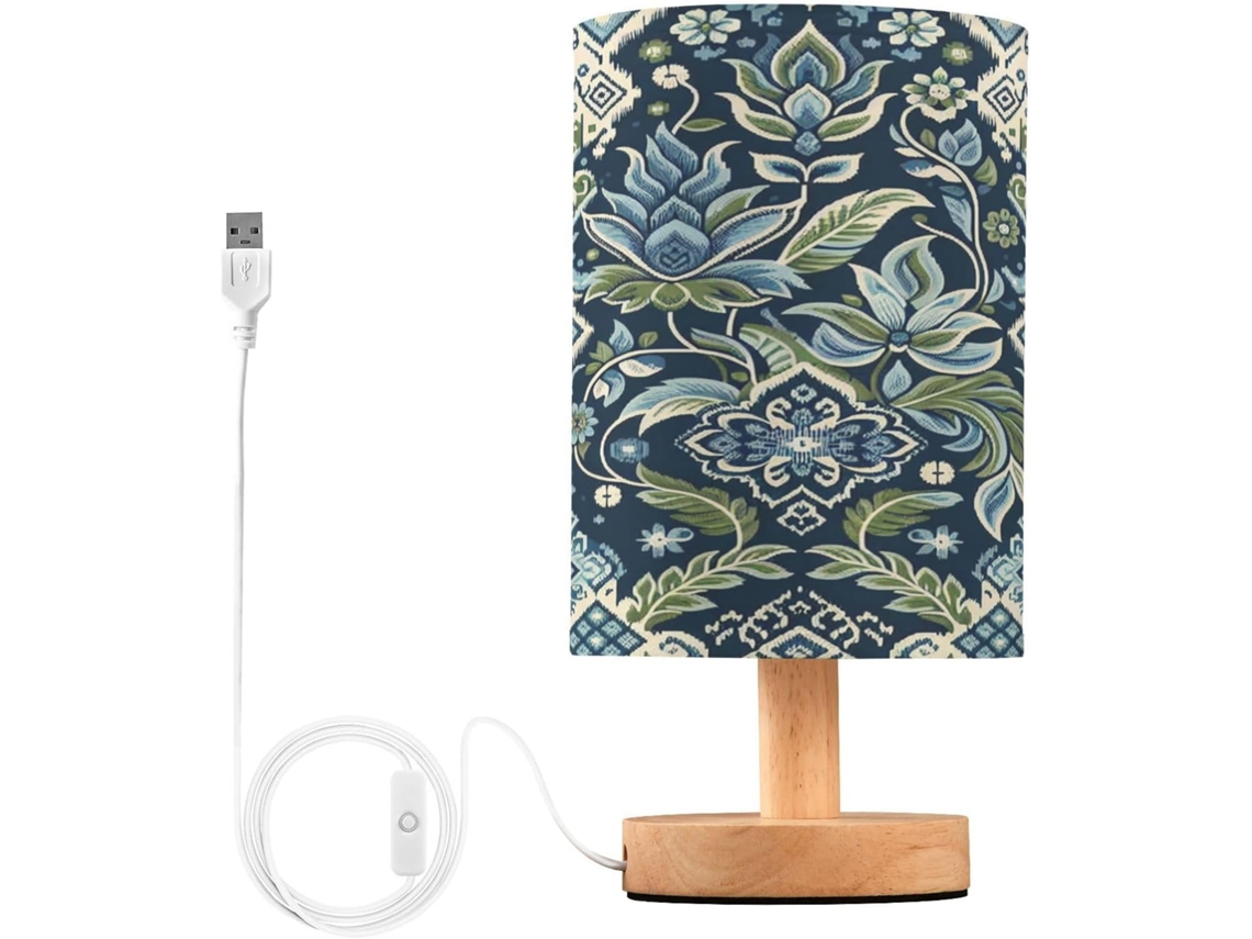 Abajur De Cabeceira Com Intrincado Padrão Ikat, Portas De Carregamento Usb C, Luminária De Mesa Cabeceira, Luminária De