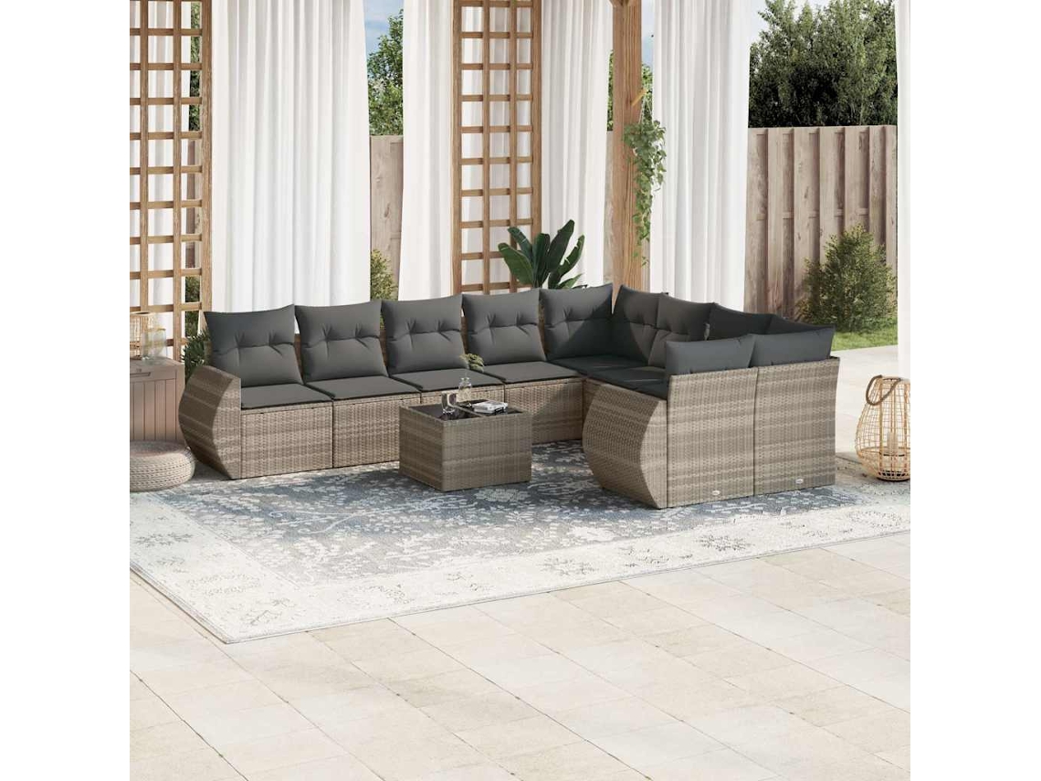 Vidaxl 10 Pcs Conj. Sofás Jardim Com Almofadões Vime Pe Cinzento-claro
