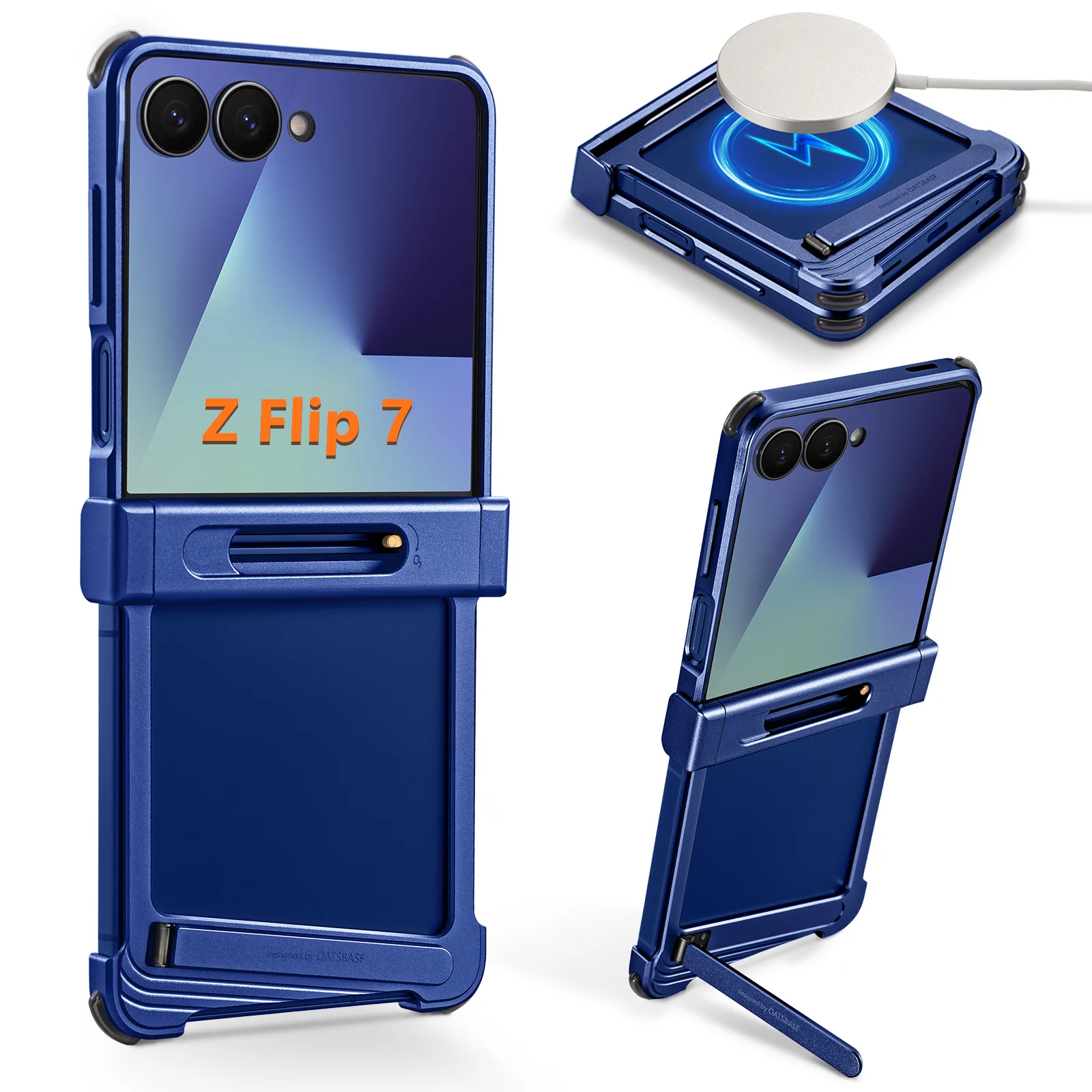 Capa Para Celular (azul Galaxy Z Flip7), Compatível Com Carregamento Sem Fio Magsafe, Com Suporte Oculto.