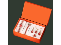 Conjunto de Presente, Relógio, Pulseira, Colar, Brincos, Anel e Caixa de Presente em Aço com Formato de Diamante SPQMENT (ouro Vermelho)