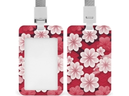 Porta Crachá Com Clipe, Lindo Porta Cartões Com Estampa Repetida De Flores Cerejeira E Cordão, Ideal Escritórios