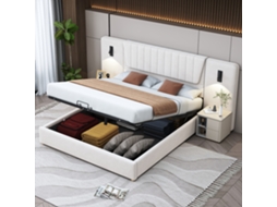Cama Casal 180x200cm Encosto Longo Lâmpada Ajustável Usb Armário Hidráulico Veludo Bege