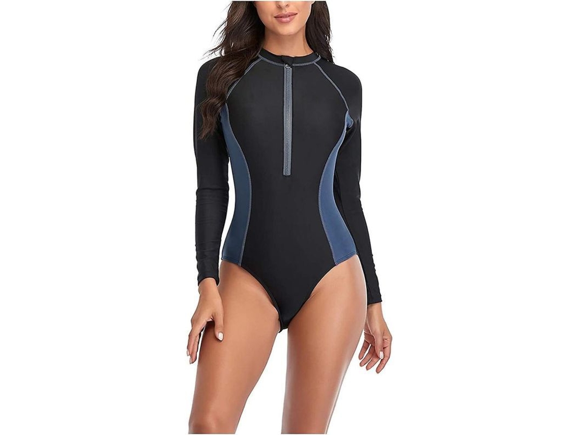 Macacão curto de neoprene Rebe para mulheres, 3 mm, zíper frontal, manga longa, tamanhos P-4XG, resistente à água, secagem rápida, proteção UV, azul marinho.