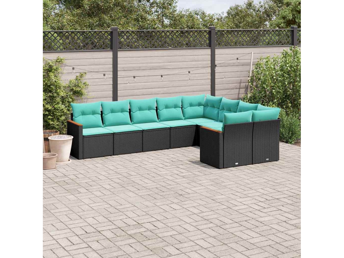 Vidaxl Conjunto De Sofá De Jardim De 9 Peças Com Almofadas Em Rattan Sintético Preto