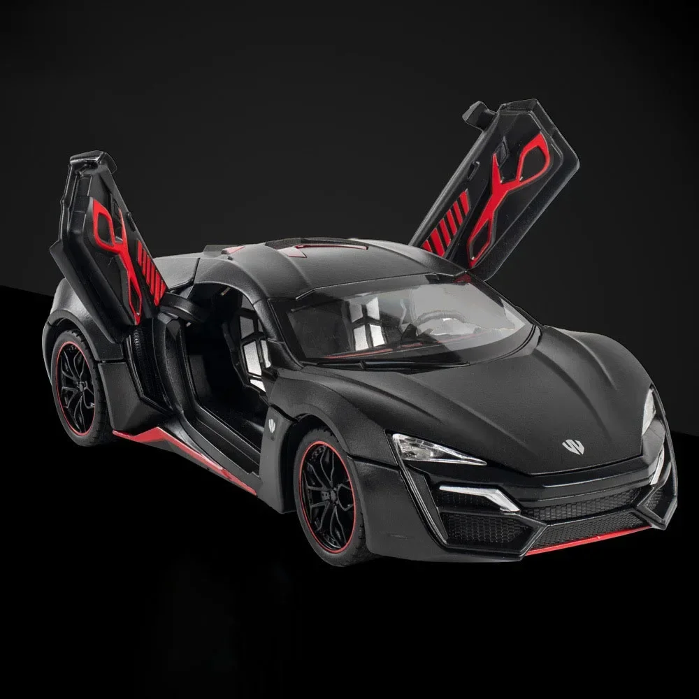 (lykan Black) 1:24 - Miniatura De Carro - Metal Fundido - Portas Que Abrem - Funções De Som E Luz