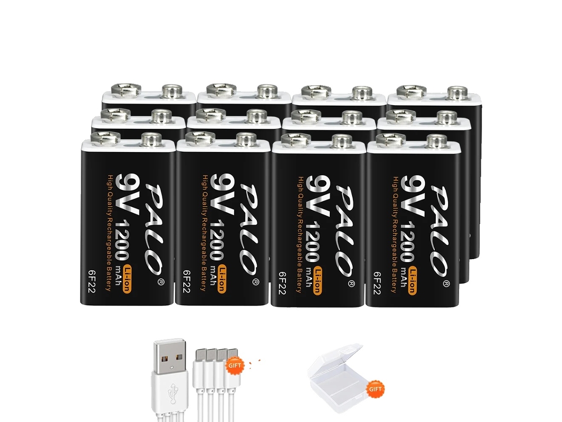 Bateria recarregável Palo 9V, capacidade de 1200mAh, carregamento via micro USB, 12 peças OEM