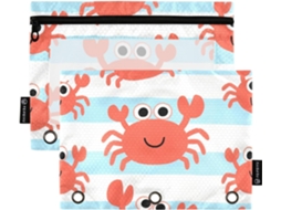 Estojos Lápis Com Desenho De Caranguejo Vermelho, Com Bolso Transparente, Zíper Reforçado, Ilhós, 3 Estojos
