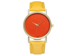 Relógio casual de quartzo para mulheres e meninas com mostrador laranja e pulseira de couro PU amarela simples e elegante.