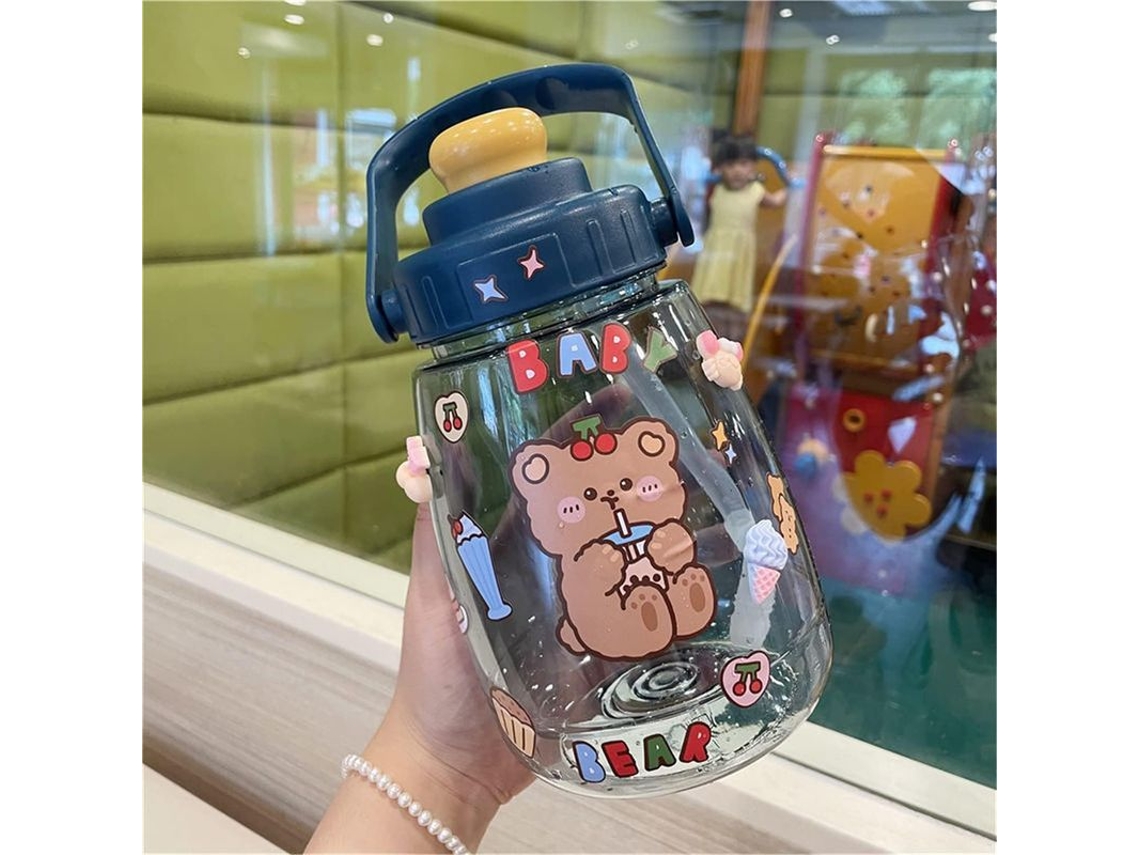 Rebe botella de Agua Linjou com Canudo e Adesivos Kawaii, com Alça, Capacidade 1.3l, Cor Azul, Livre de Bpa, para Mulheres