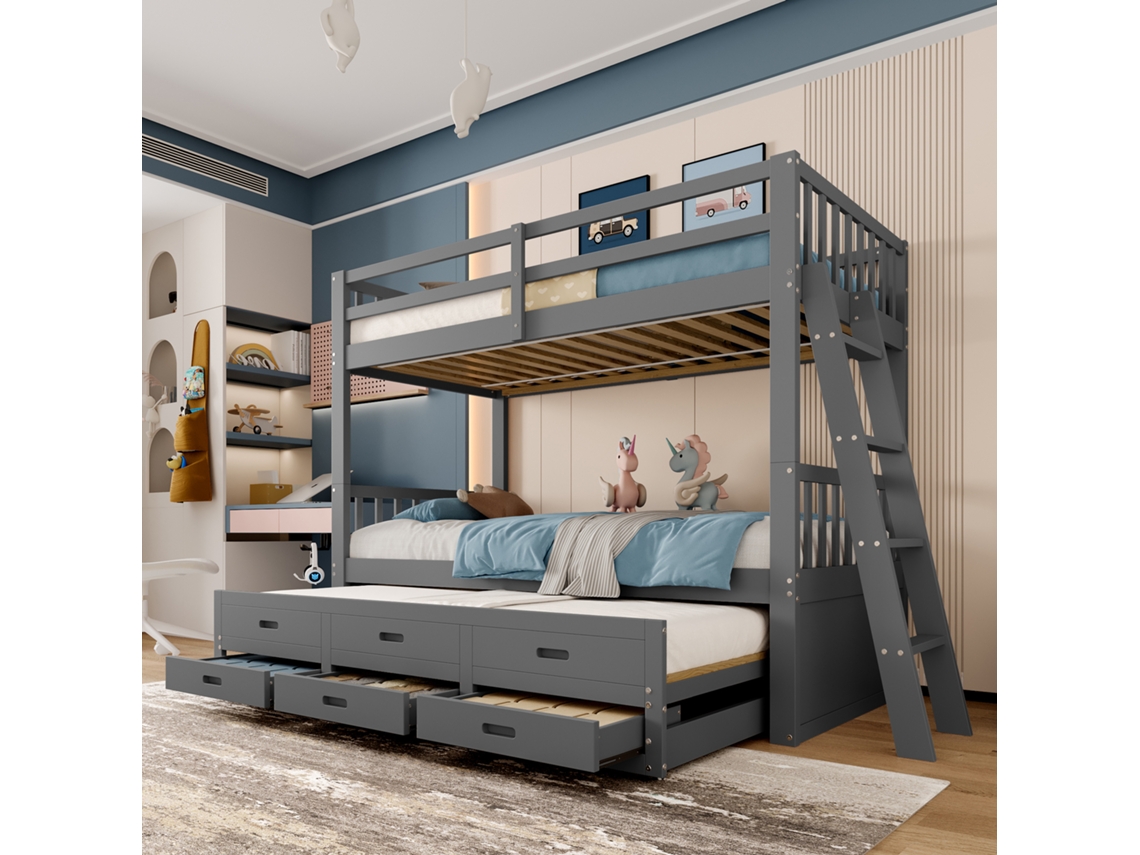 Beliche estilo casinha 90x200 cm em pinho + MDF com cama auxiliar e 3 gavetas, infantil, sem colchão, cinza VSOGA