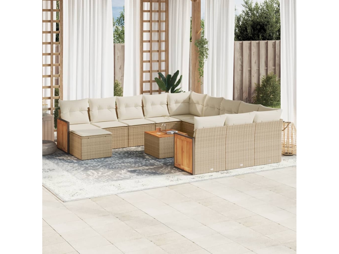 Vidaxl 13 Pcs Conjunto De Sofás P/ Jardim Com Almofadões Vime Pe Bege