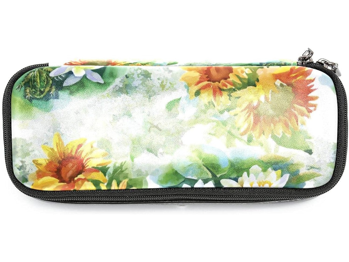 Eu guardo lápis de aquarela, com estampa de girassóis amarelos, grande capacidade, ideal para escola, mesa de trabalho.