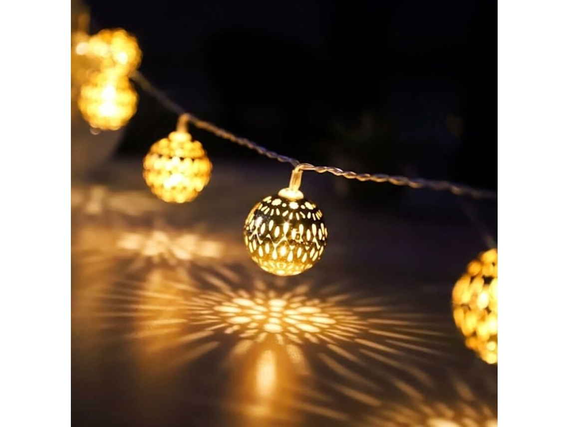 Guirlanda de Globos Luz, Lâmpadas Marroquinas com Plugue, 20 Bolas de Metal Douradas com Padrão, para Casamento, Fim de Semana, Natal BRILVIBERA