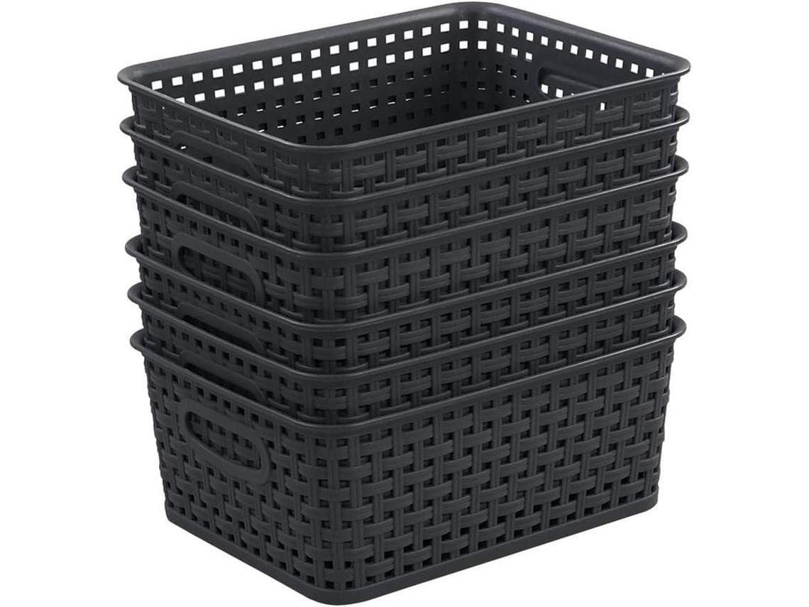 2026 conjunto de 6 Cestos de Plástico Negro para Armazenamento com Design de Vime e Alça Ergonômica