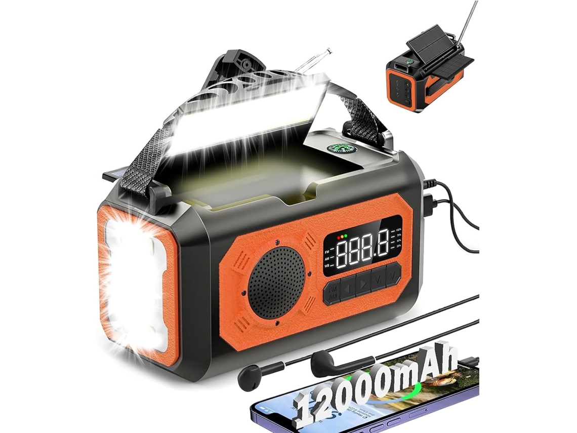 RÁDIO DE EMERGÊNCIA COM MANIVELA, 12000MAH, AM/FM, SOLAR, PAINÉIS, LANterna, SOS AQUAFORGE