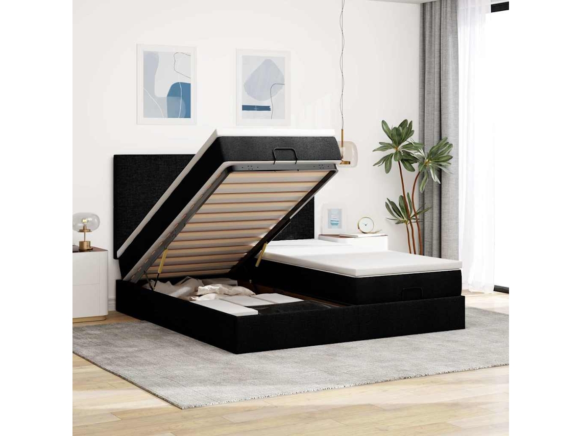 63 / 5,000vidaxl Estrutura de Cama Otomana com Colchões Tecido Preto