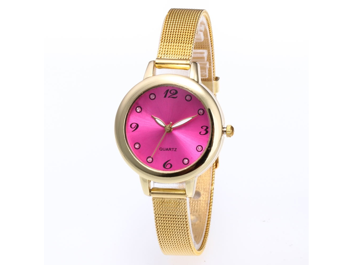 Relógio de pulso feminino Zhoulianfa com mecanismo de quartzo e pulseira de malha rosa-avermelhada.