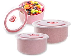 Tigelas Alimentares 3pcs Fibra Trigo com Tampa Rosa DUREFORWARD