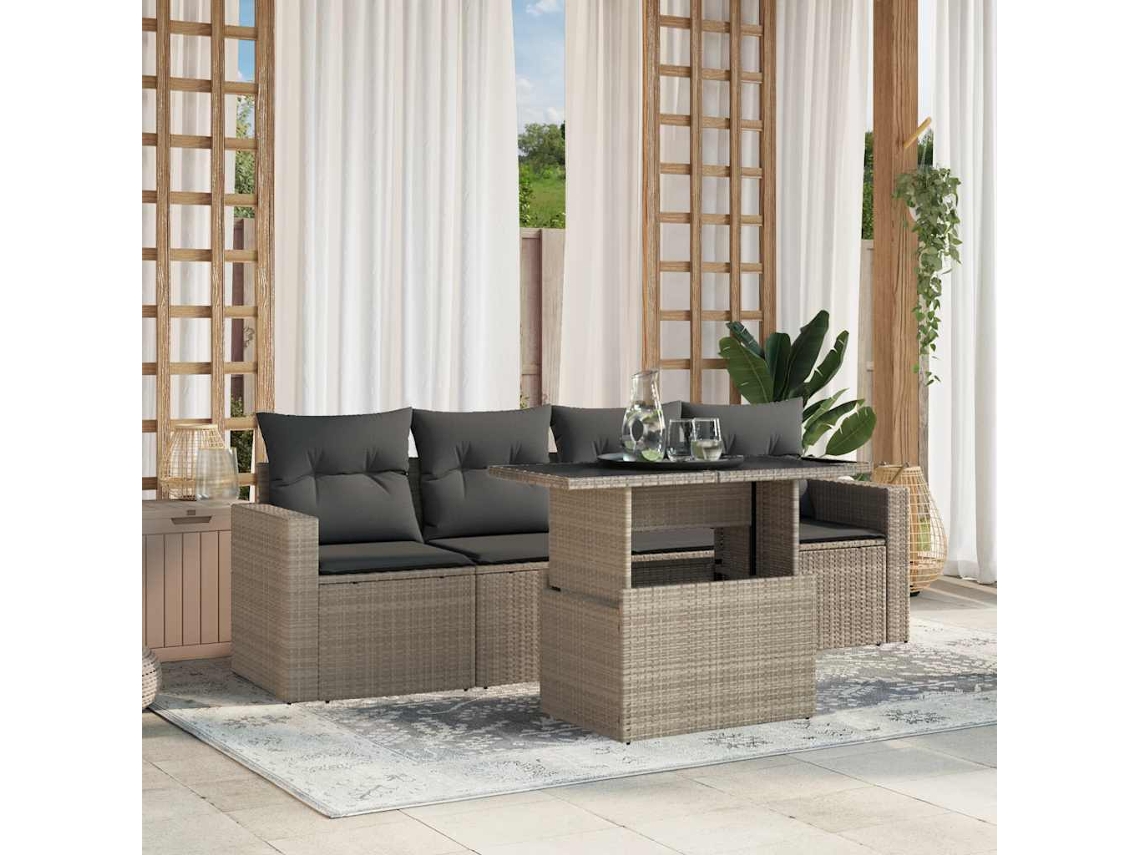 Vidaxl 5 Pcs Conj. Sofás Jardim C/ Almofadões Vime Pe Cinzento-claro