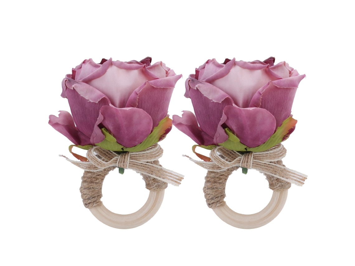 Conjunto de 2 anéis de guardanapo de madeira com design floral para decoração festiva púrpura LAXISCREED