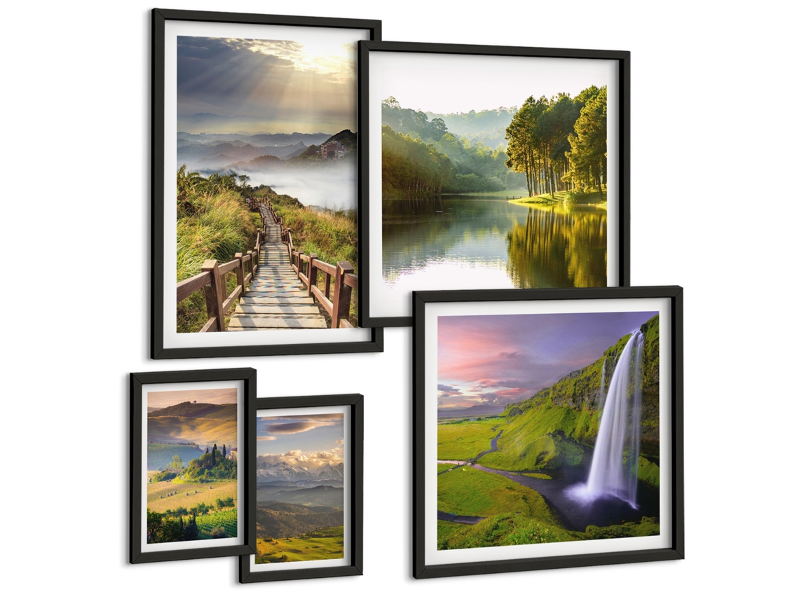 Composição De Quadros Na Parede Garças Japonesas, Paisagem Moldura Preta Quadros Para O Escritório Espelharte (conjunto De 5 Imagens)