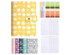 A6 Pu Leather Binder Notebook Cash Budget Planner, Starry Sky Flower Design, Yellow Cover + 12-zipper Pockets 3-color