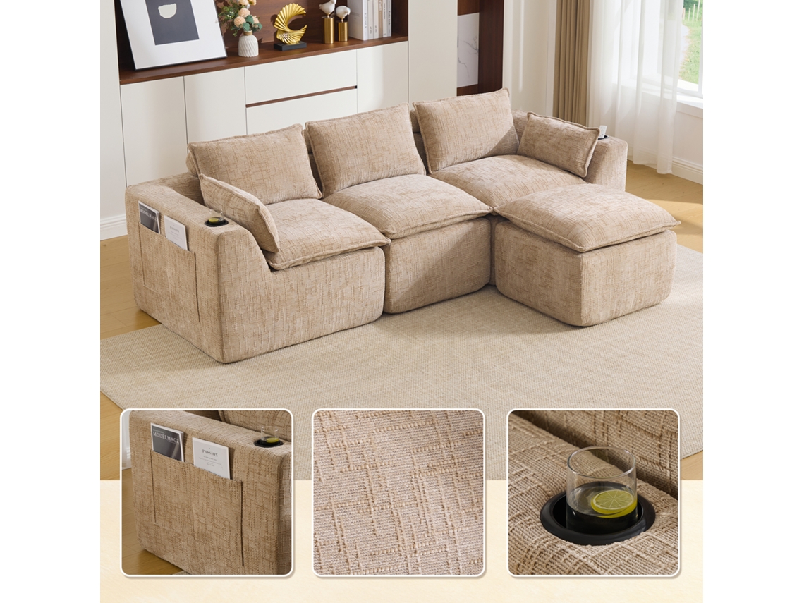 Sofá Modular 3l + Pufe Com Almofadas, Porta-copos E 2 Bolsos Laterais, Espuma E Molas Para Sala