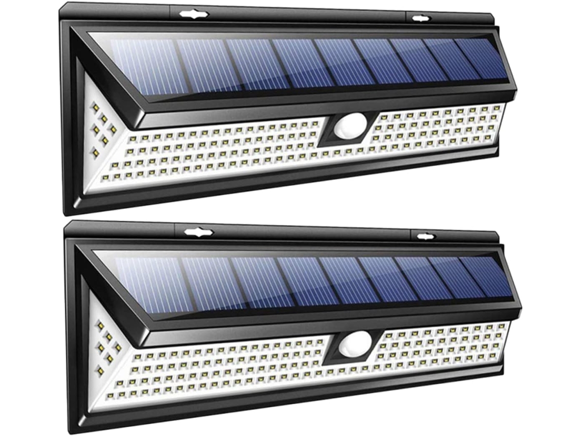 Conjunto de 2 Luminárias Solares com 118 Leds, Sensor Pir, Montagem na Parede, Luz Branca Fria, Iluminação de Segurança Externa. SFUSHOS