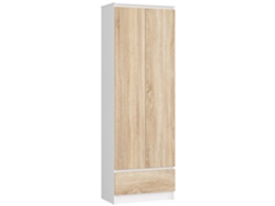 Estante Akord R60 Branco, 60 Cm, 2 Portas, 1 Gaveta, Frente Na Cor Carvalho Sonoma, 4 Prateleiras, 60 × 35 × 180 Cm
