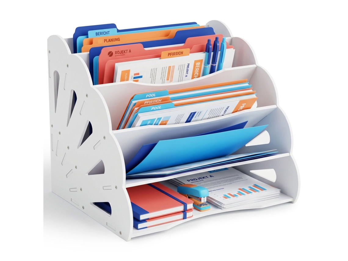 Organizador De Mesa A4 Em Mdf Com 5 Compartimentos, Branco