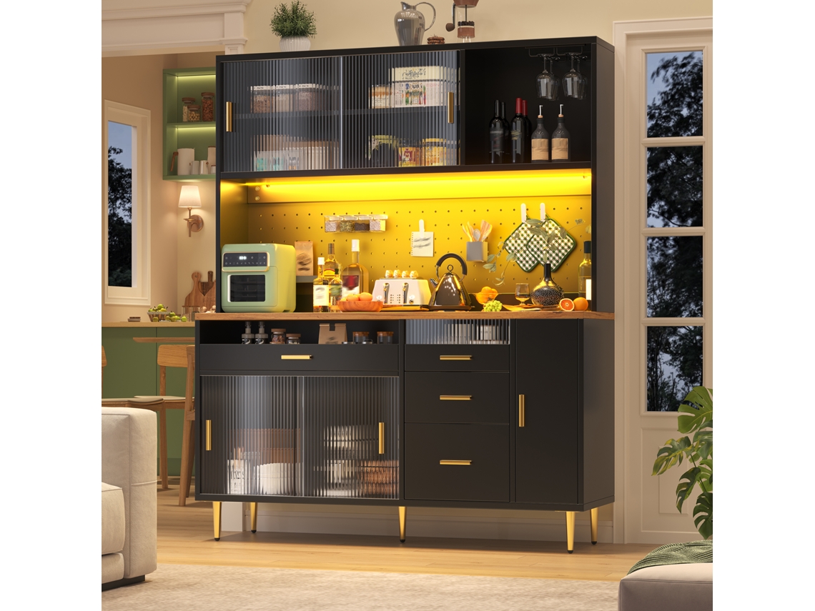 Armário Alto Sala 145×39×171cm Com Iluminação Led E Painel Perfurado Cor Preta Multifunções