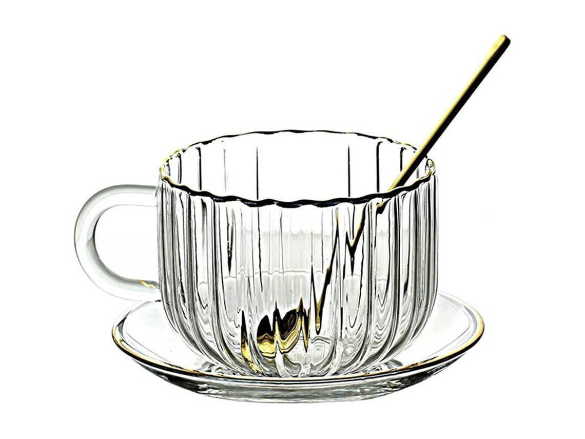Xícara de café Rebe-Glass com pires e colher em formato de abóbora, 420ml com borda dourada.