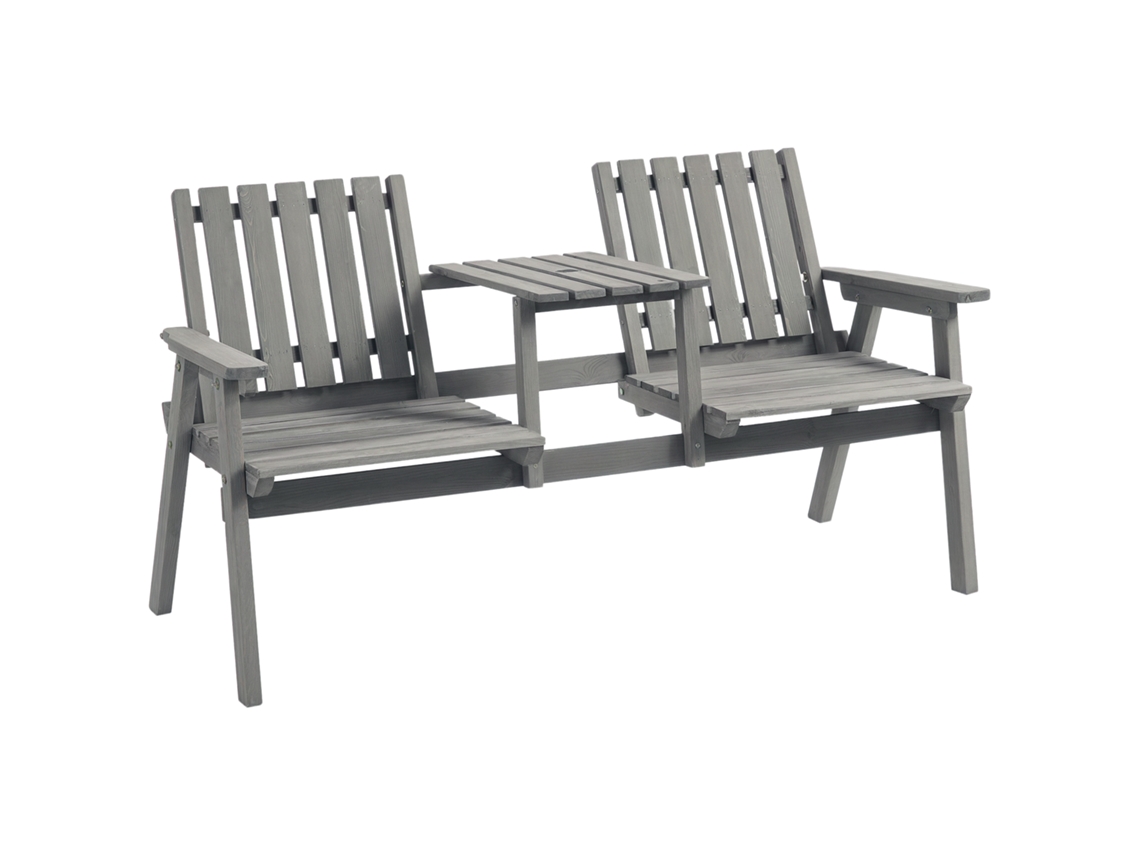Banco De Jardim Com Mesa - 152x70x83cm, Madeira Maciça, 2 Cadeiras, Buraco Para Guarda-chuva, Cinza-pt