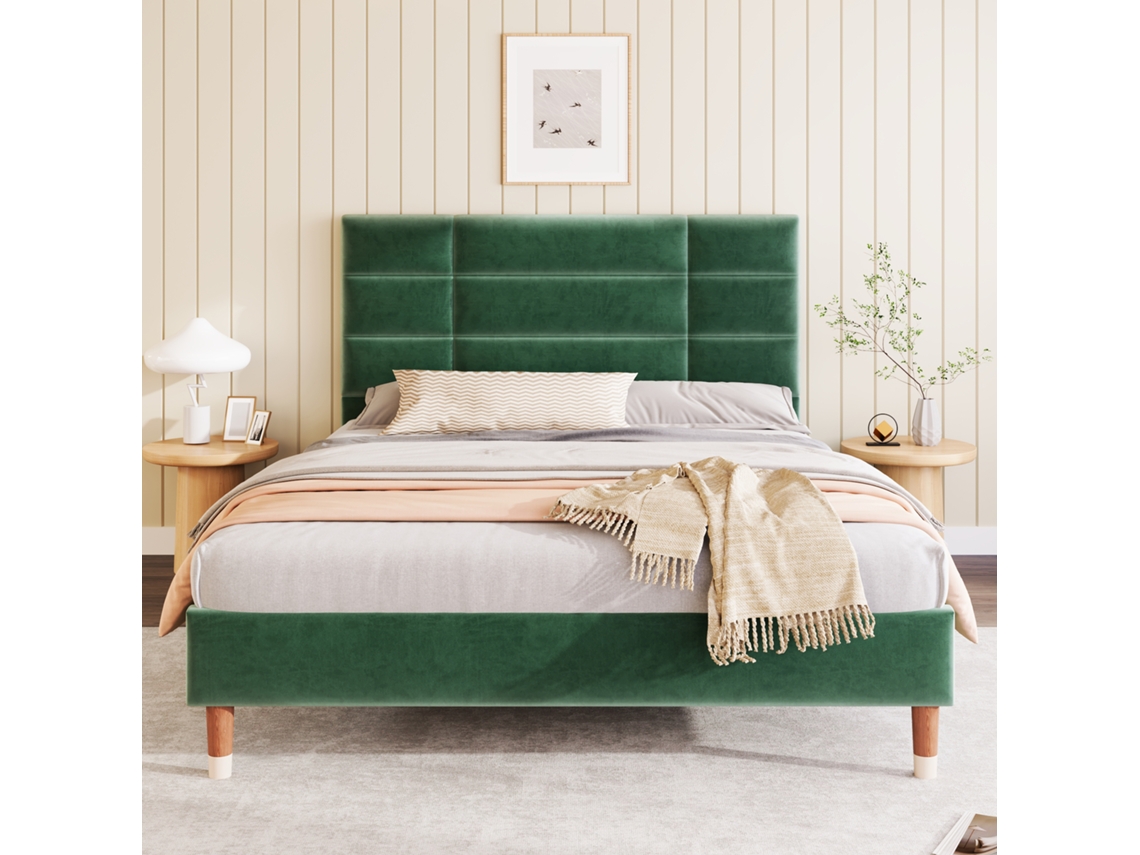 Cama Casal Estofada 140x200 Cm Linho, Cabeceira, Estrado de Ripas, Espaço Sob a Cama, com Colchão, Verde KOMHTOM