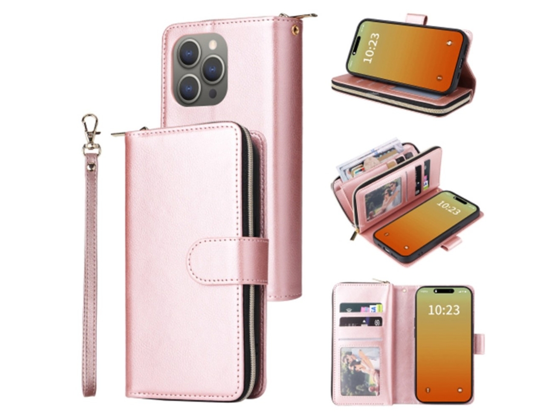 Capa Para Iphone 15 Pro Pele Sintética Com Porta-cartões Rosa