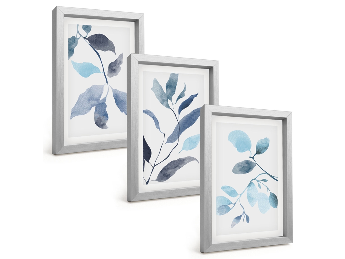 Composição De Quadros Folhas Azuis, Aquarela Espelharte (3 Peças 20x30 Cm)