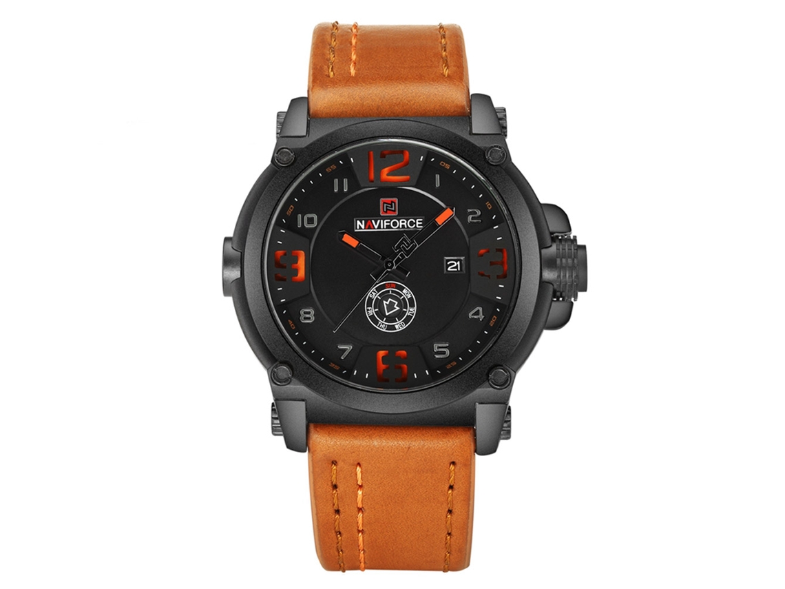 Reloj Hombre Naviforce Cuadro Negro Correa Naranja Resistente Al Agua Calendario