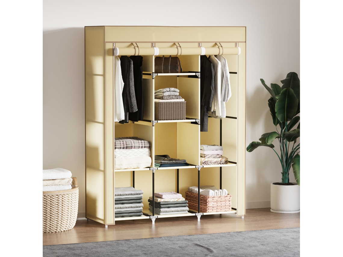 Guarda-roupa dobrável Liptaptyn em tecido não tecido bege com 8 prateleiras e cabides, 125 x 43 x 162,5 cm, para armazenamento compacto